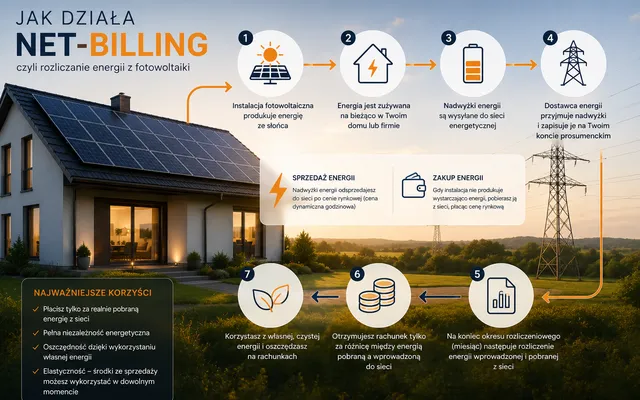 Infografika krok po kroku pokazująca, jak działa net-billing — od produkcji energii z fotowoltaiki po rozliczenie nadwyżek z siecią