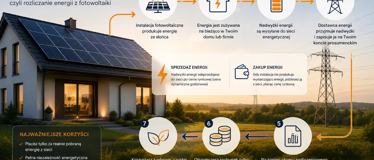 Infografika krok po kroku pokazująca, jak działa net-billing — od produkcji energii z fotowoltaiki po rozliczenie nadwyżek z siecią