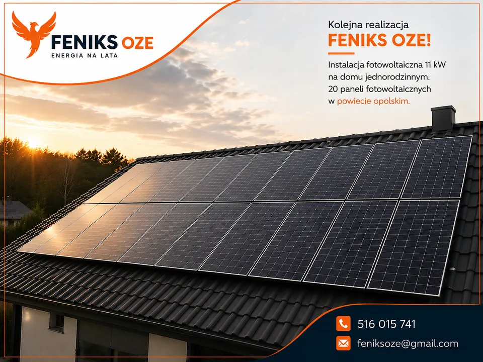 Panele fotowoltaiczne na dachu domu jednorodzinnego w Opolu o zachodzie słońca